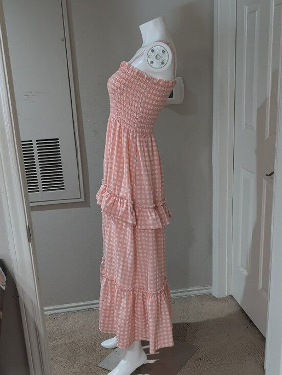 Miumy Pink Gingham Smocked Maxi Dress Women's S/M New