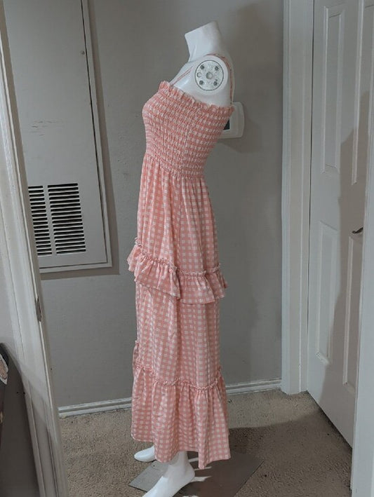 Miumy Pink Gingham Smocked Maxi Dress Women's S/M New