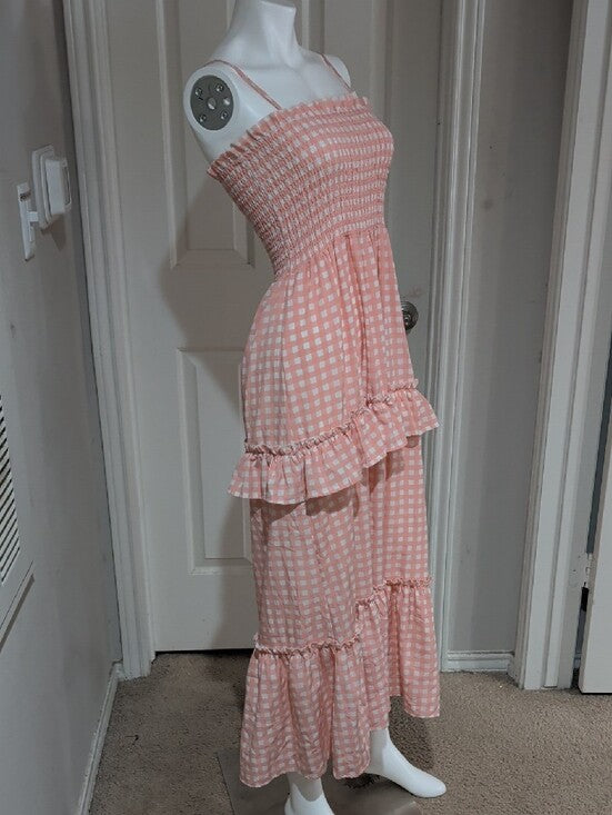 Miumy Pink Gingham Smocked Maxi Dress Women's S/M New