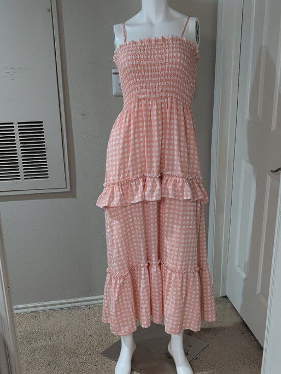 Miumy Pink Gingham Smocked Maxi Dress Women's S/M New