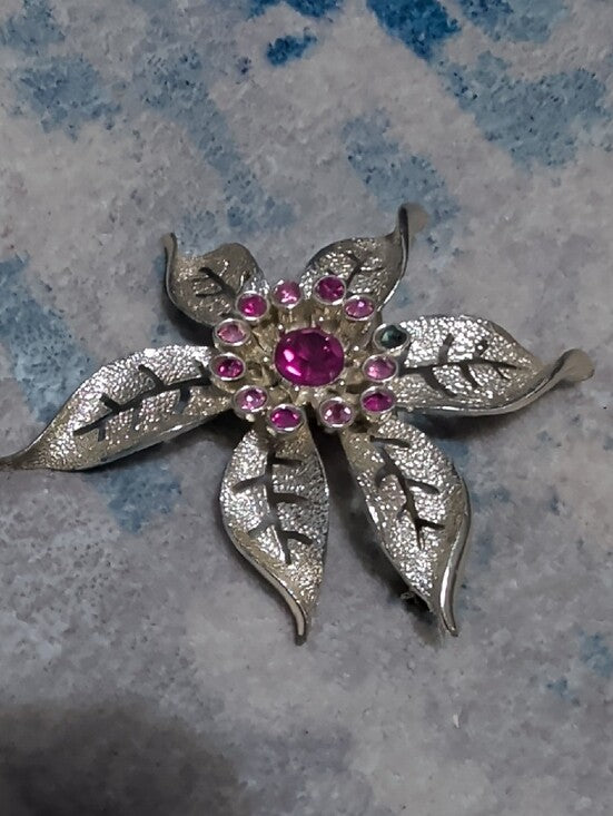 Vintage Sarah Coventry Floral Pink & Teal Crystal Brooch & Screw On Earring Set