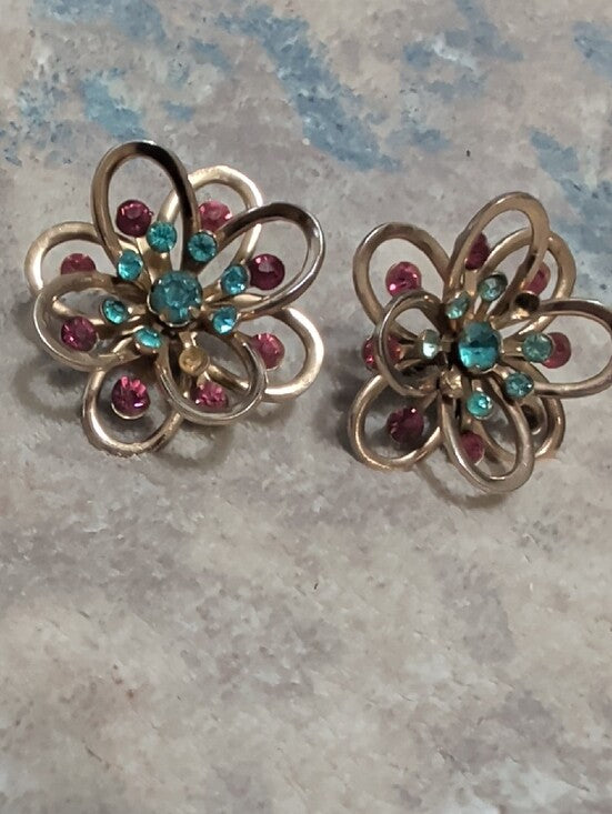 Vintage Sarah Coventry Floral Pink & Teal Crystal Brooch & Screw On Earring Set