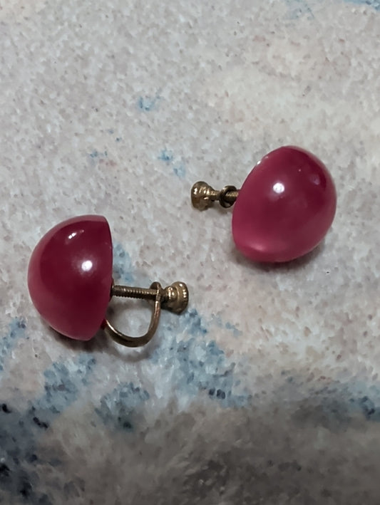 Vintage Pink Lucite Dome Screw-Back Earrings - Unbranded Retro Costume Jewelry MCM