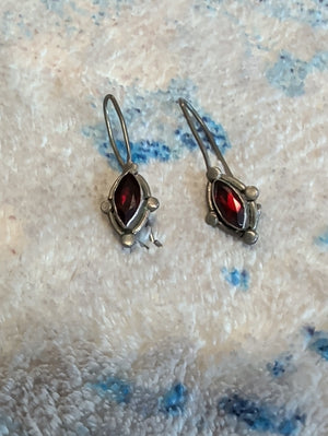 Vintage Sterling Silver Red Garnet Marquise Drop Earrings Stamped 925