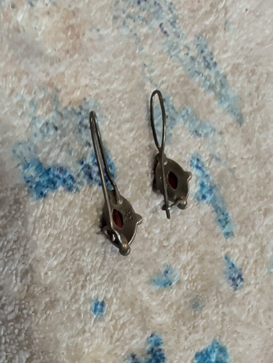 Vintage Sterling Silver Red Garnet Marquise Drop Earrings Stamped 925
