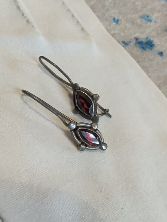 Vintage Sterling Silver Red Garnet Marquise Drop Earrings Stamped 925