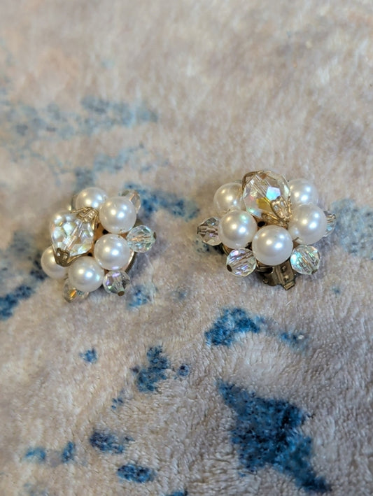 VTG Pearl & Crystal Cluster Clip-On Earrings - Retro MCM Costume Jewelry