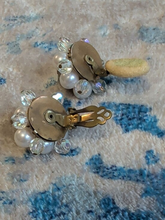 VTG Pearl & Crystal Cluster Clip-On Earrings - Retro MCM Costume Jewelry