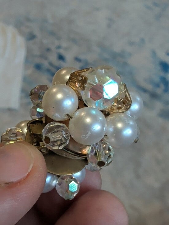 VTG Pearl & Crystal Cluster Clip-On Earrings - Retro MCM Costume Jewelry
