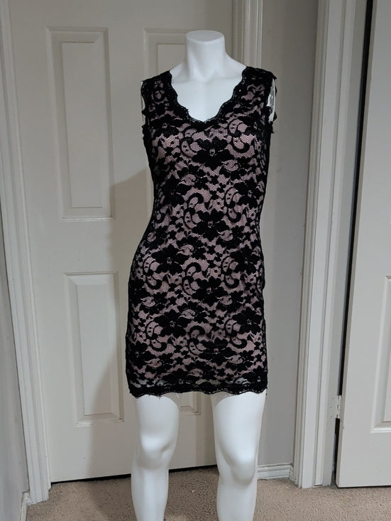 Retro Liberty Love Black Lace Pink slip Dress Women's Small Y2k