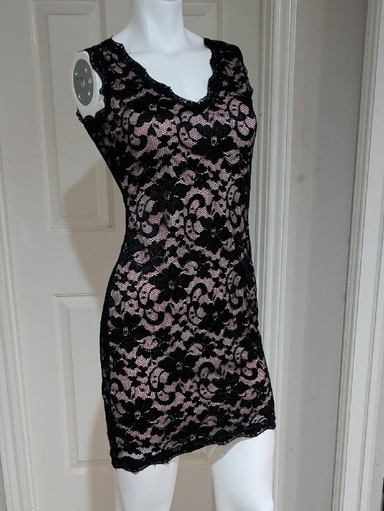 Retro Liberty Love Black Lace Pink slip Dress Women's Small Y2k