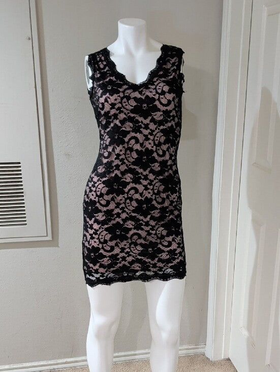 Retro Liberty Love Black Lace Pink slip Dress Women's Small Y2k