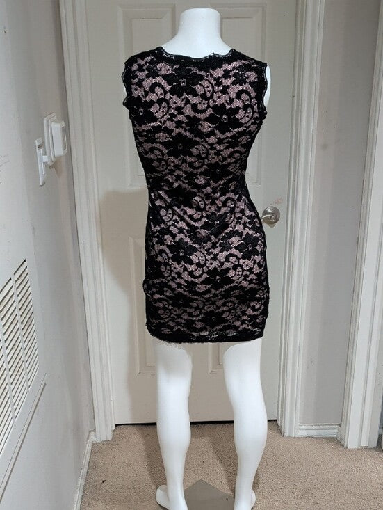 Retro Liberty Love Black Lace Pink slip Dress Women's Small Y2k