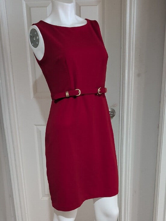 Alyx Sleeveless Red Stretch Sheath Dress with Gold Buckle Belt Women's 8