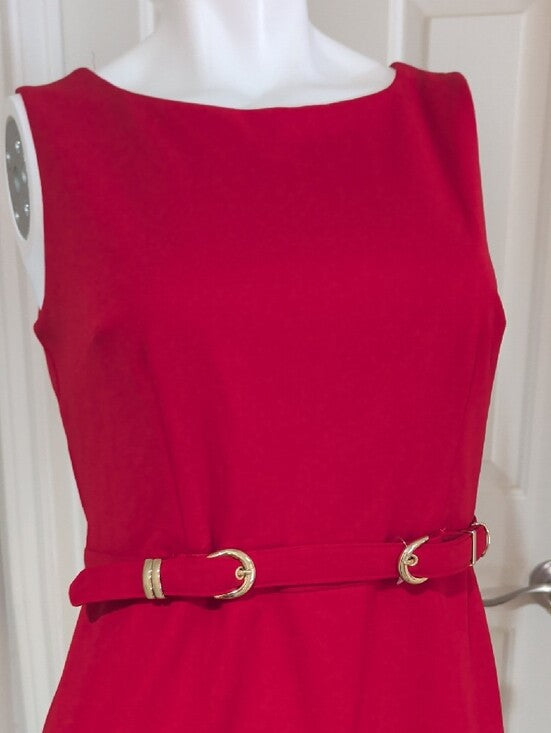 Alyx Sleeveless Red Stretch Sheath Dress with Gold Buckle Belt Women's 8