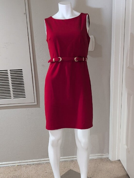 Alyx Sleeveless Red Stretch Sheath Dress with Gold Buckle Belt Women's 8