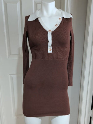 Y2K Love Always Ribbed Brown Mini Dress with White Tailored Trim Retro Women's S