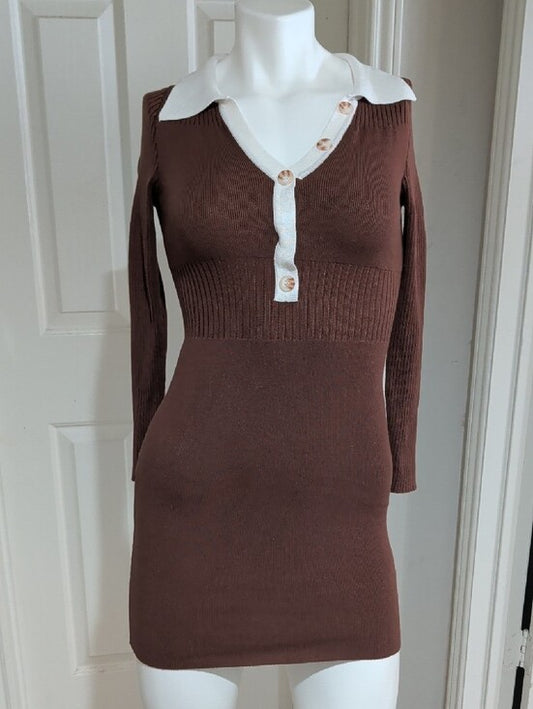 Y2K Love Always Ribbed Brown Mini Dress with White Tailored Trim Retro Women's S