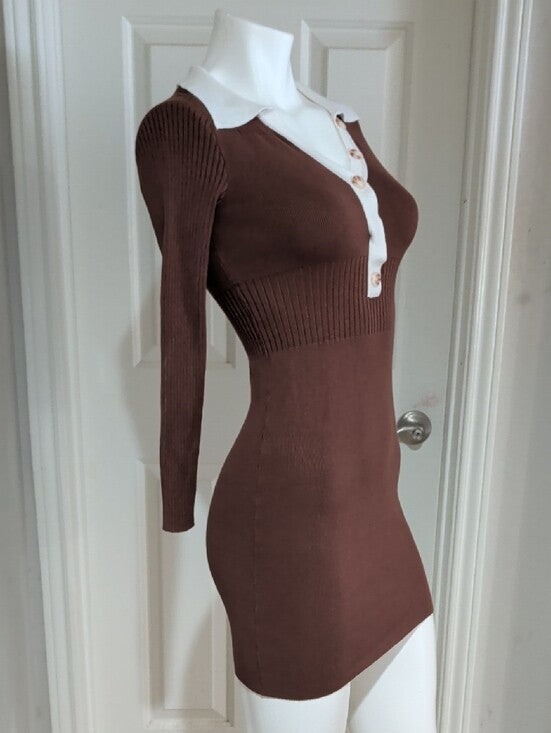 Y2K Love Always Ribbed Brown Mini Dress with White Tailored Trim Retro Women's S