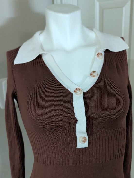 Y2K Love Always Ribbed Brown Mini Dress with White Tailored Trim Retro Women's S