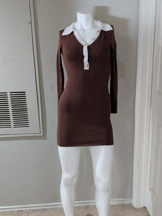 Y2K Love Always Ribbed Brown Mini Dress with White Tailored Trim Retro Women's S