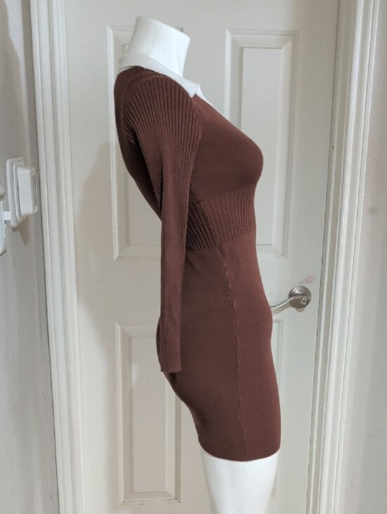Y2K Love Always Ribbed Brown Mini Dress with White Tailored Trim Retro Women's S
