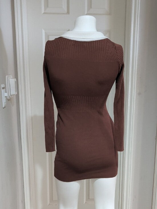 Y2K Love Always Ribbed Brown Mini Dress with White Tailored Trim Retro Women's S
