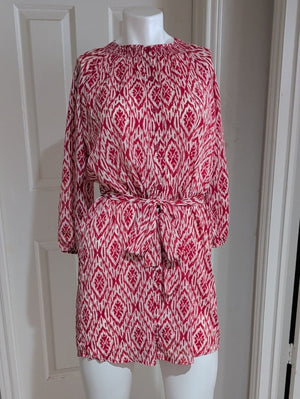 Maeve Red and White Ikat 3/4 Sleeve Belted Dress Women's Small