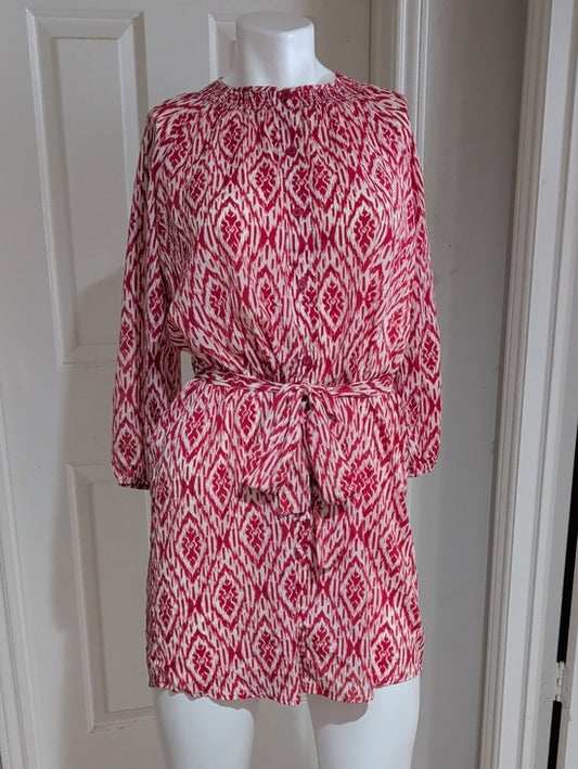 Maeve Red and White Ikat 3/4 Sleeve Belted Dress Women's Small