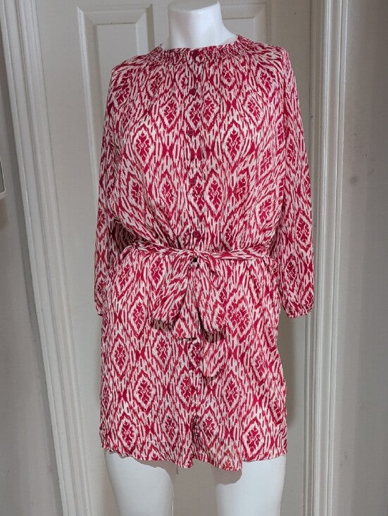 Maeve Red and White Ikat 3/4 Sleeve Belted Dress Women's Small