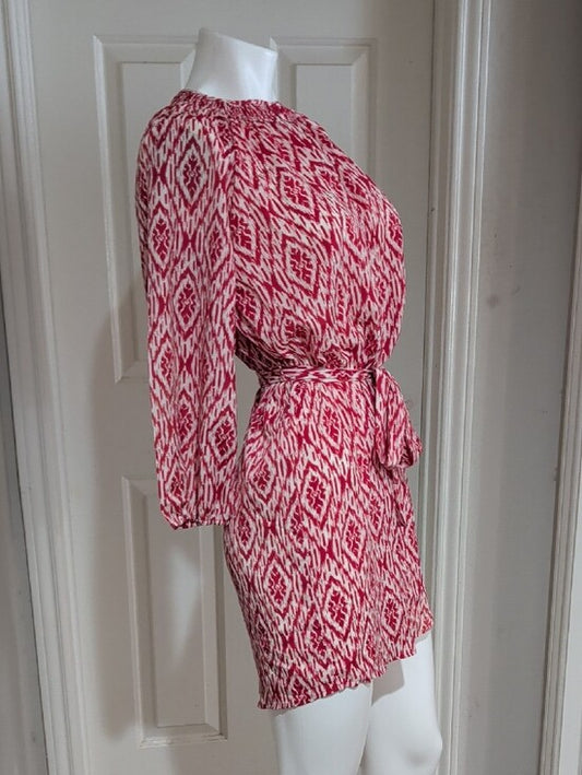 Maeve Red and White Ikat 3/4 Sleeve Belted Dress Women's Small
