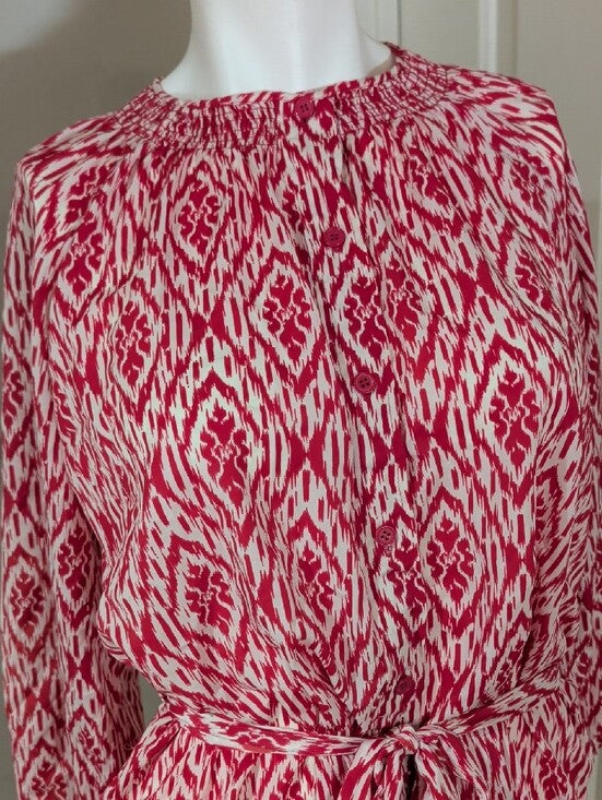 Maeve Red and White Ikat 3/4 Sleeve Belted Dress Women's Small