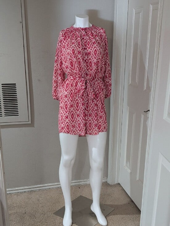 Maeve Red and White Ikat 3/4 Sleeve Belted Dress Women's Small
