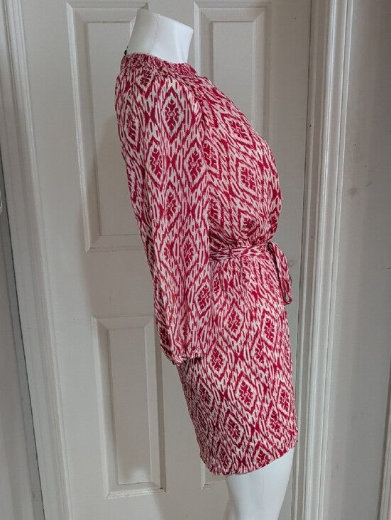 Maeve Red and White Ikat 3/4 Sleeve Belted Dress Women's Small