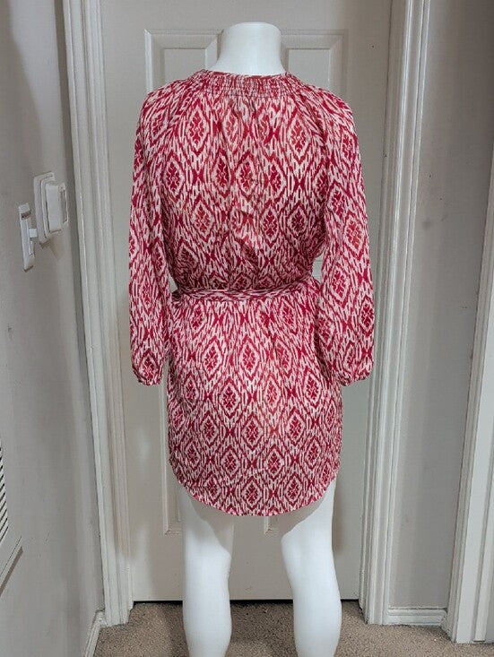 Maeve Red and White Ikat 3/4 Sleeve Belted Dress Women's Small
