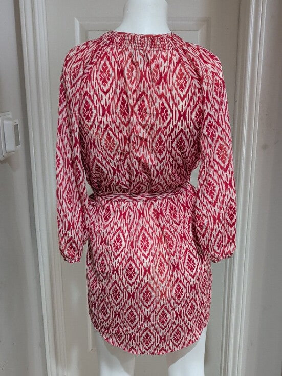 Maeve Red and White Ikat 3/4 Sleeve Belted Dress Women's Small