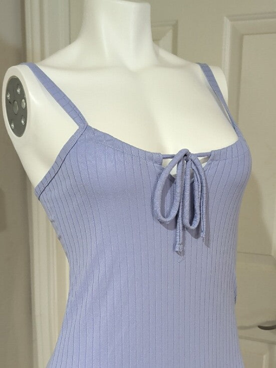 Y2K Lilac Ribbed Spaghetti-Strap Maxi Dress Adjustable Tie Front Retro Women's M