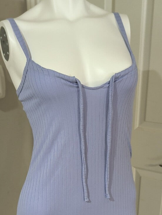 Y2K Lilac Ribbed Spaghetti-Strap Maxi Dress Adjustable Tie Front Retro Women's M