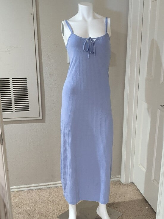 Y2K Lilac Ribbed Spaghetti-Strap Maxi Dress Adjustable Tie Front Retro Women's M