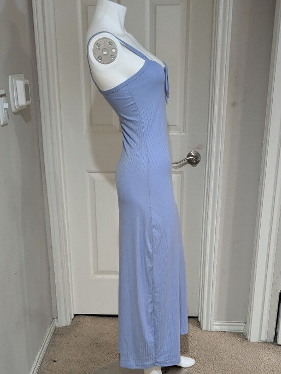 Y2K Lilac Ribbed Spaghetti-Strap Maxi Dress Adjustable Tie Front Retro Women's M