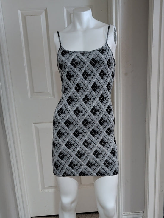 Y2K Popular 21 Argyle Pattern Slip Mini Dress in Black & Gray Retro Women's S
