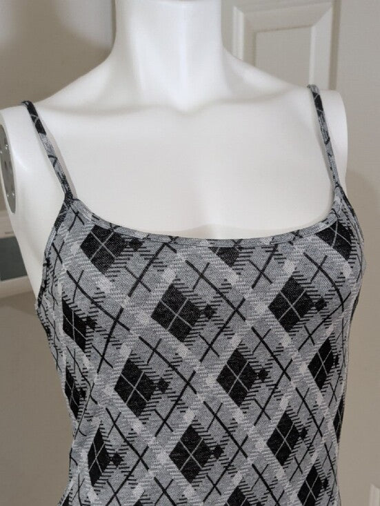 Y2K Popular 21 Argyle Pattern Slip Mini Dress in Black & Gray Retro Women's S