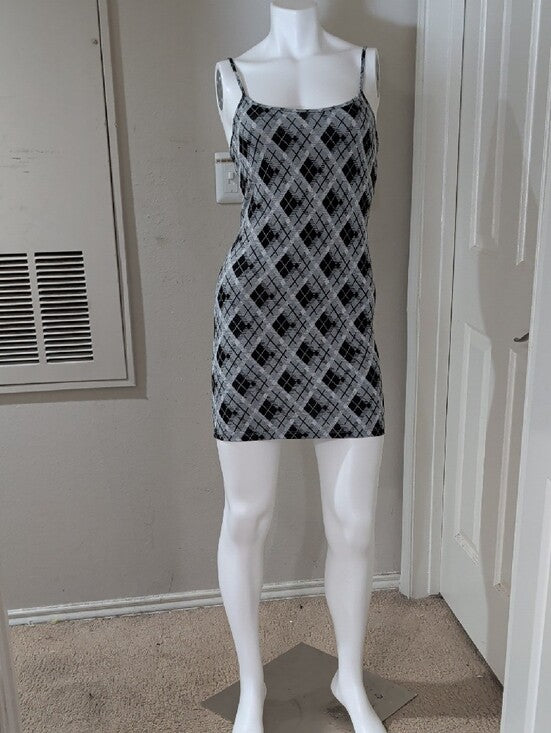 Y2K Popular 21 Argyle Pattern Slip Mini Dress in Black & Gray Retro Women's S