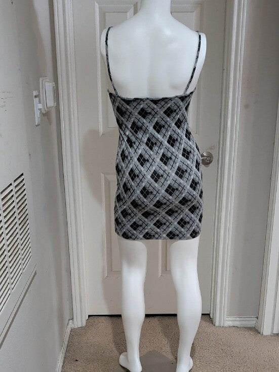 Y2K Popular 21 Argyle Pattern Slip Mini Dress in Black & Gray Retro Women's S