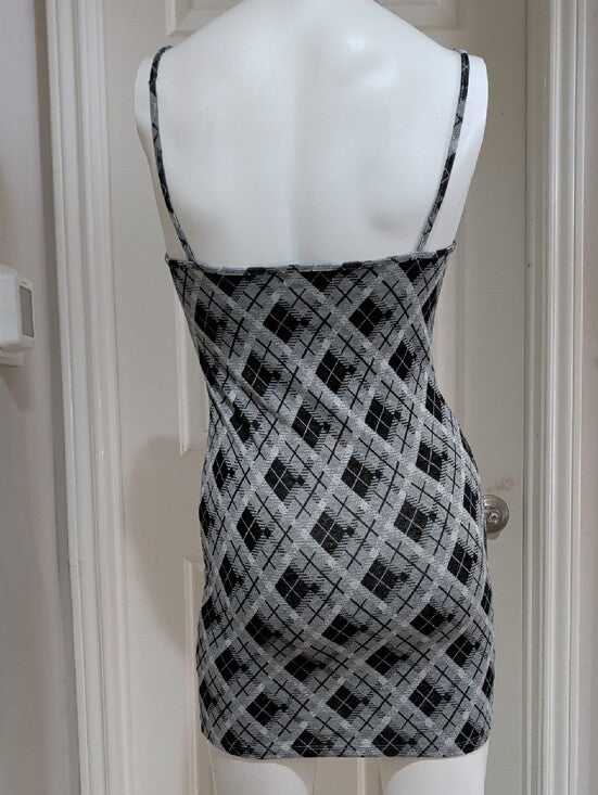 Y2K Popular 21 Argyle Pattern Slip Mini Dress in Black & Gray Retro Women's S