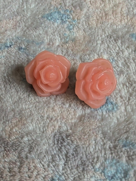 VTG Monet Peach Rose Cabochon Earrings - Floral Studs MCM Retro Costume Jewelry