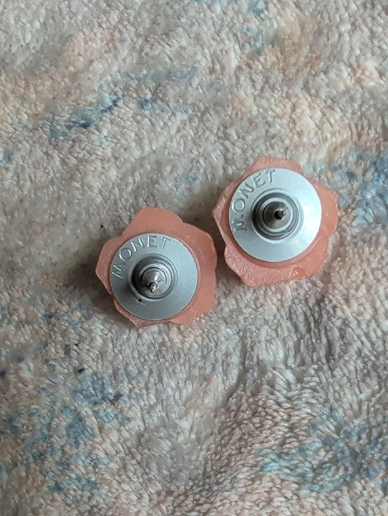 VTG Monet Peach Rose Cabochon Earrings - Floral Studs MCM Retro Costume Jewelry