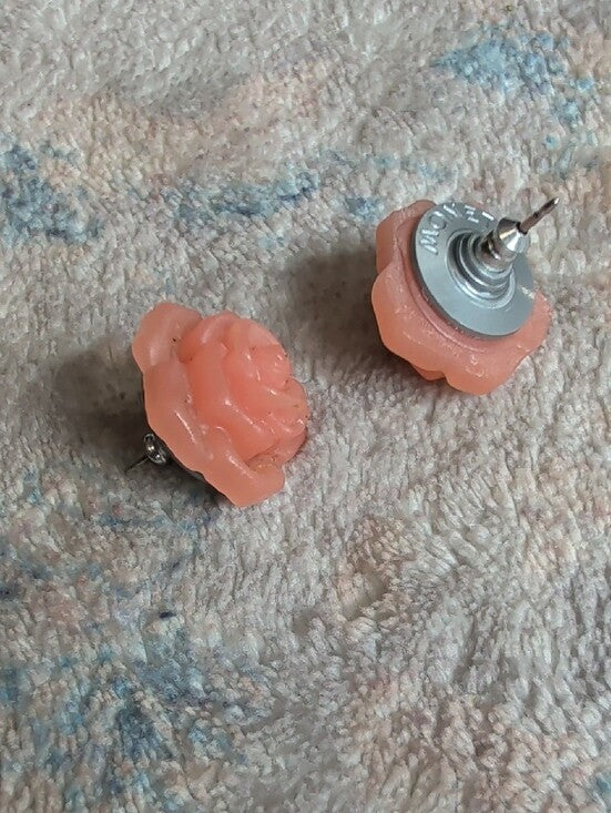 VTG Monet Peach Rose Cabochon Earrings - Floral Studs MCM Retro Costume Jewelry