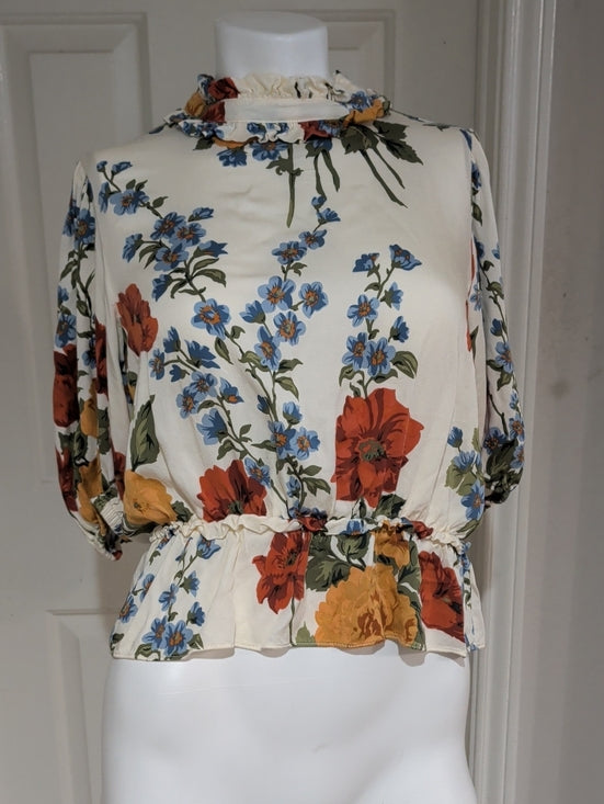 Tahari Cream Floral Ruffle-Neck Peplum Blouse with Red & Yellow Blooms Women's M
