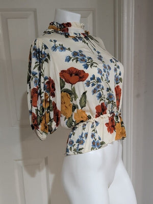 Tahari Cream Floral Ruffle-Neck Peplum Blouse with Red & Yellow Blooms Women's M